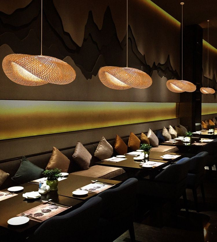 Lâmpada suspensa de bambu, luminária pendente de teto, rattan, vime, tecido à mã