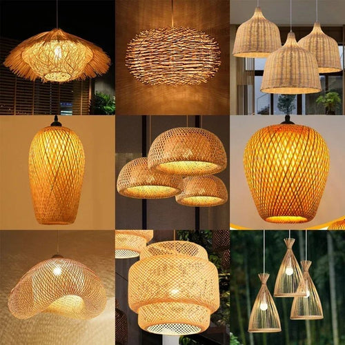 Lâmpada suspensa de bambu, luminária pendente de teto, rattan, vime, tecido à mã